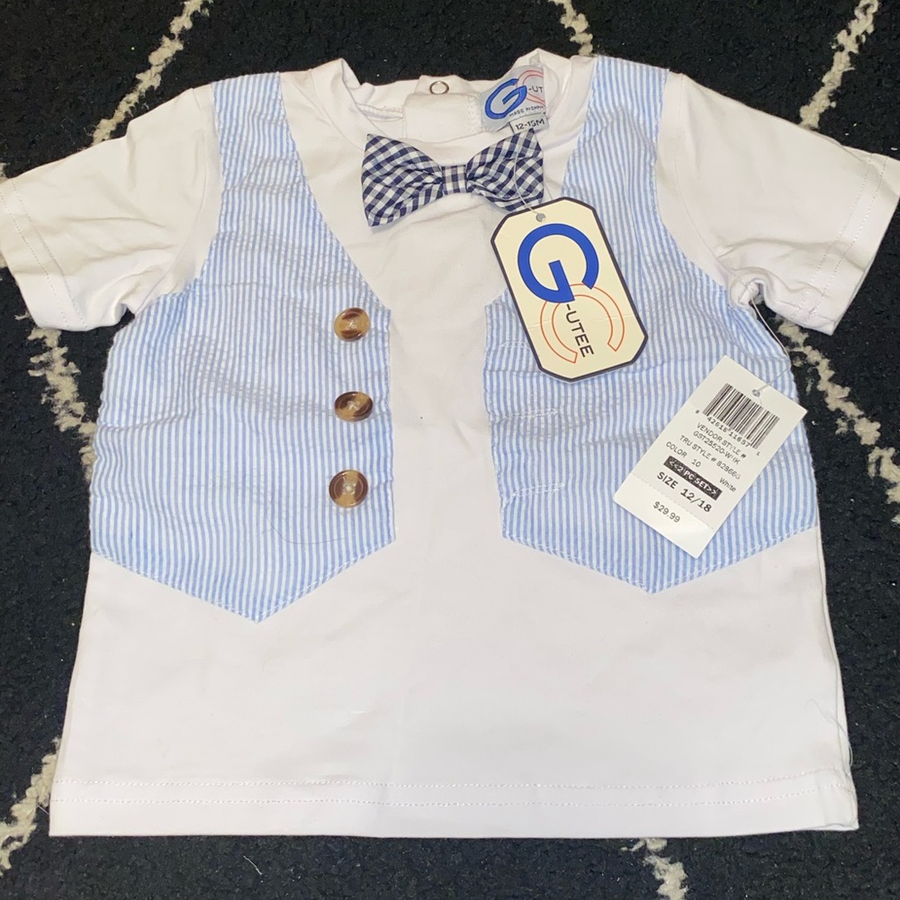 G-Cutee Little Boys White Tee with Seersucker Vest